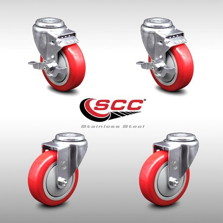 Service Caster 4 Inch SS Red Polyurethane Wheel Swivel Bolt Hole Caster Set with 2 Brake SCC SCC-SSBH20S414-PPUB-RED-TLB-2-S-2